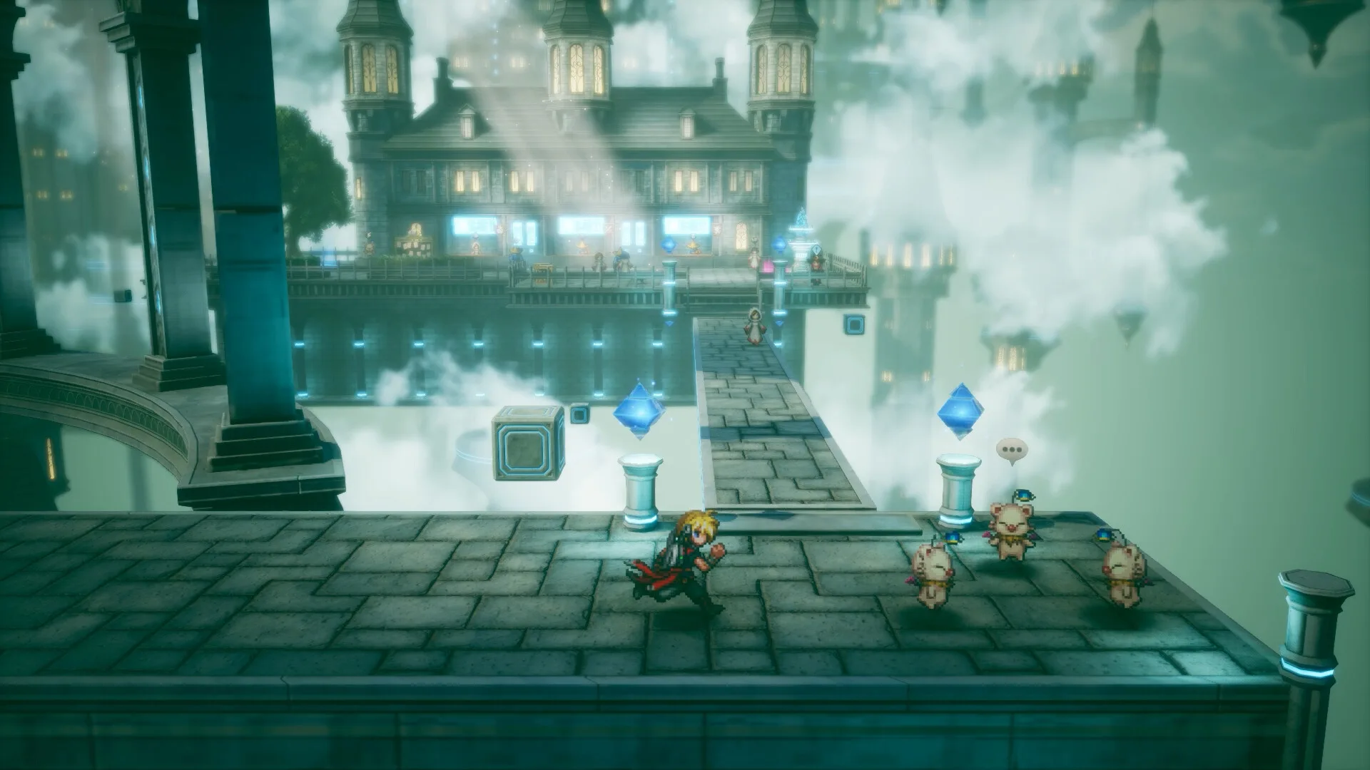 Rain exploring a floating city with blue crystals and moogles
