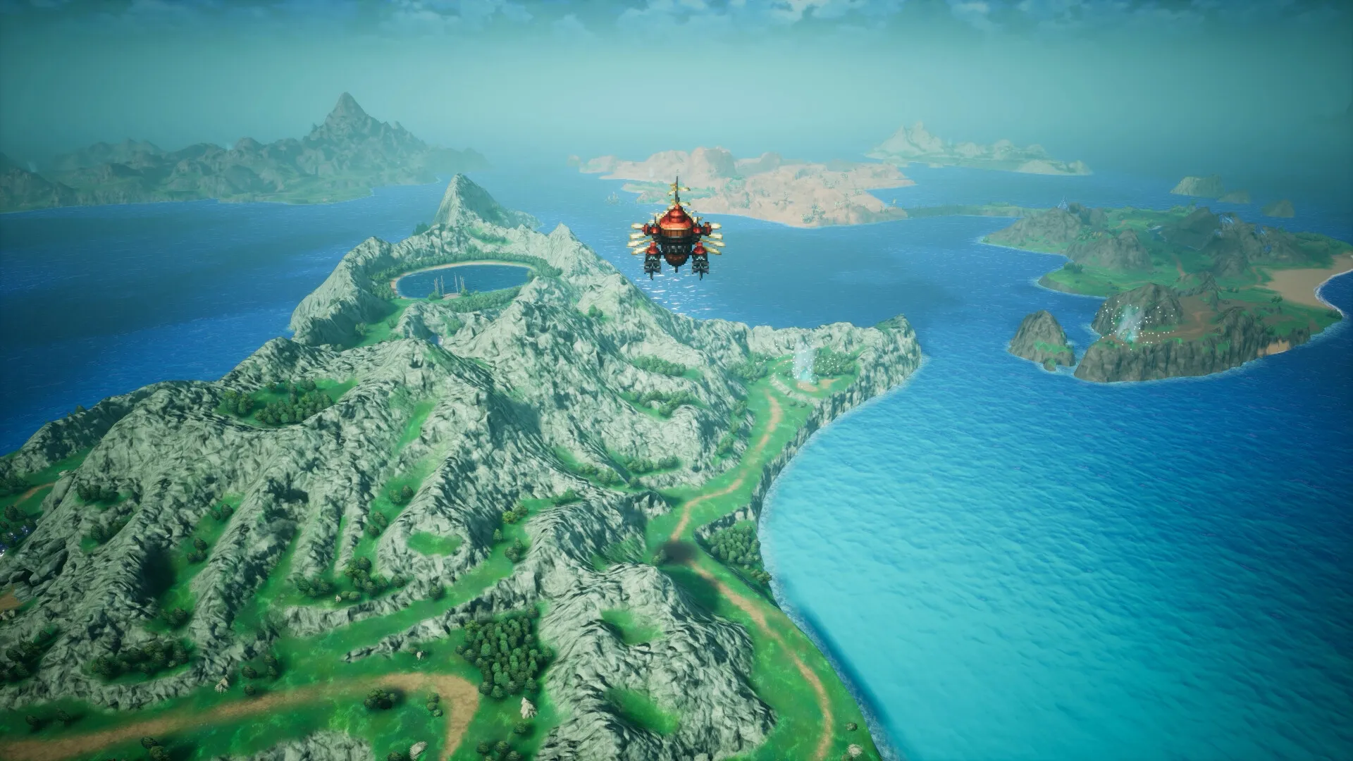 The world map, islands and airship in an official English gameplay screenshot