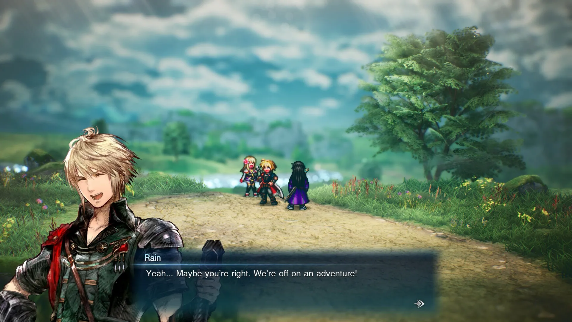 Rain, Fina and Lasswell in an official dialogue scene on a grassy road