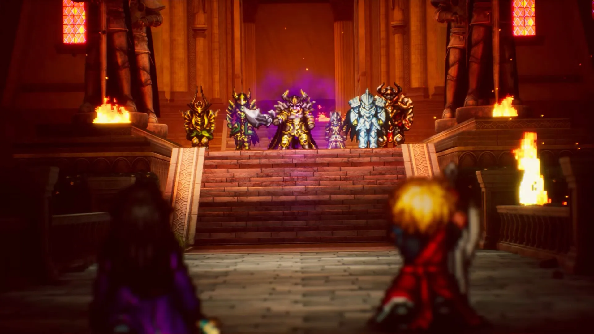 Rain and Lasswell facing armored figures on a torchlit staircase