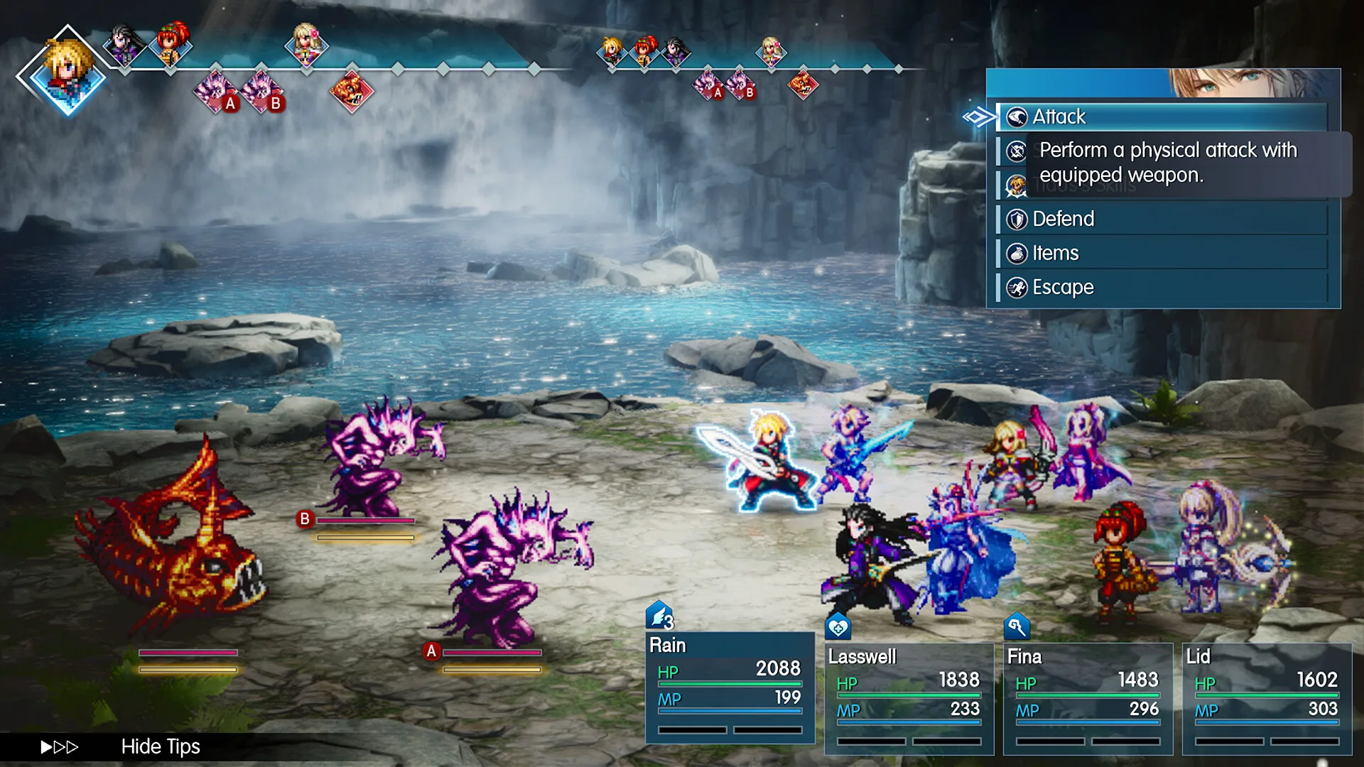 English battle menu with the action timeline above the enemies and party
