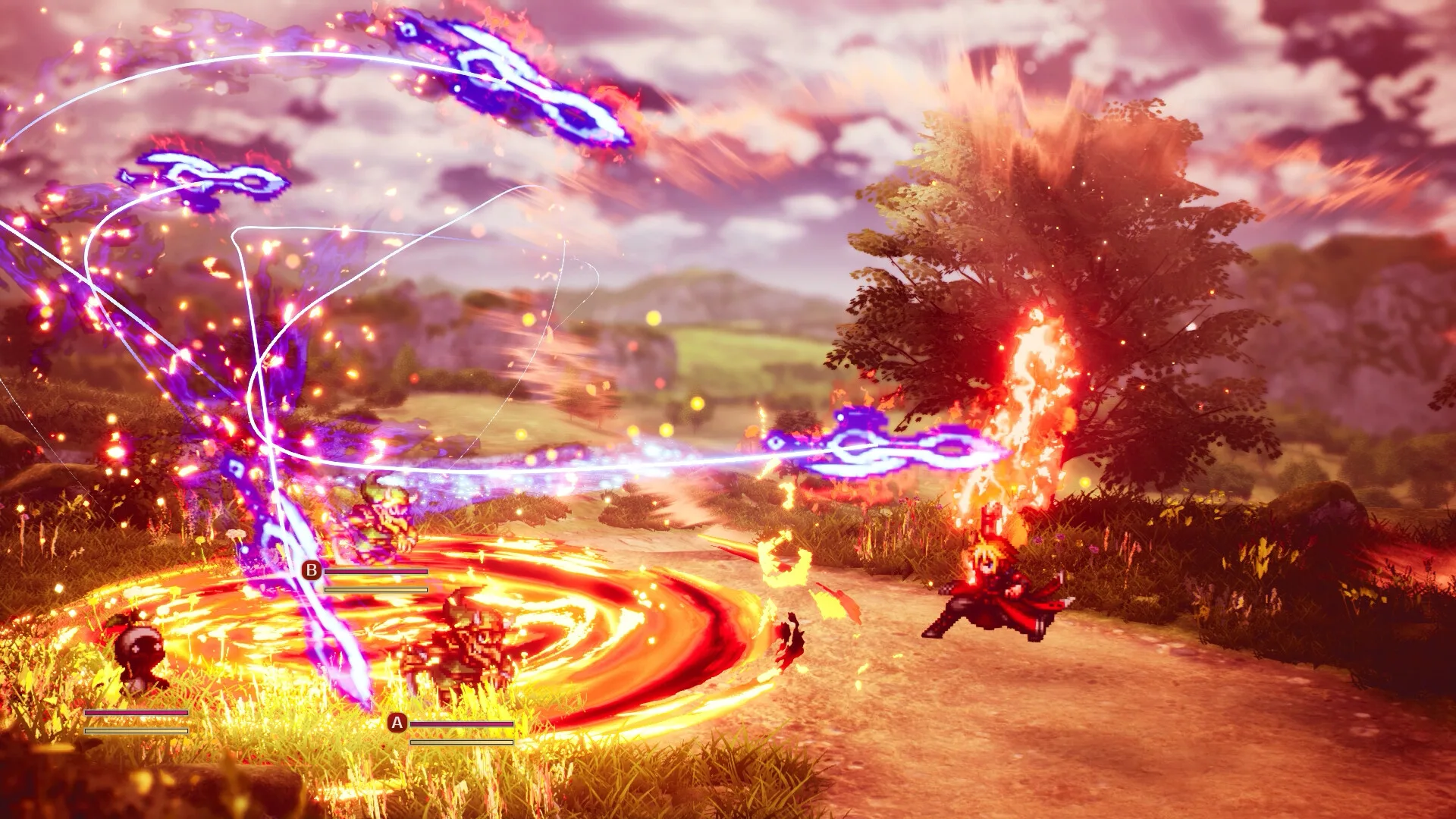 Rain performing a fiery attack in a grassy battle arena