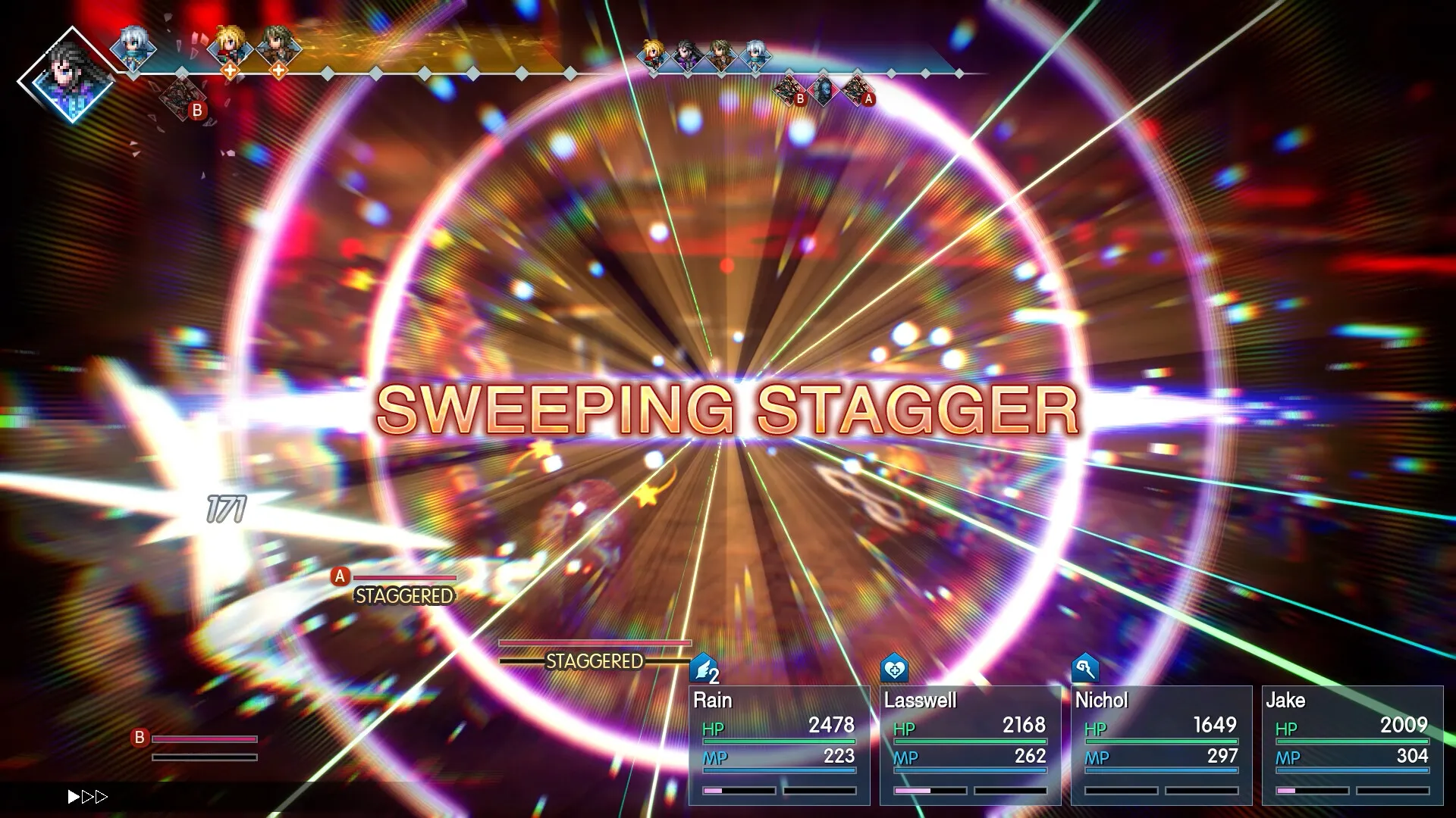 Sweeping Stagger displayed across the enemies in the official English battle screenshot